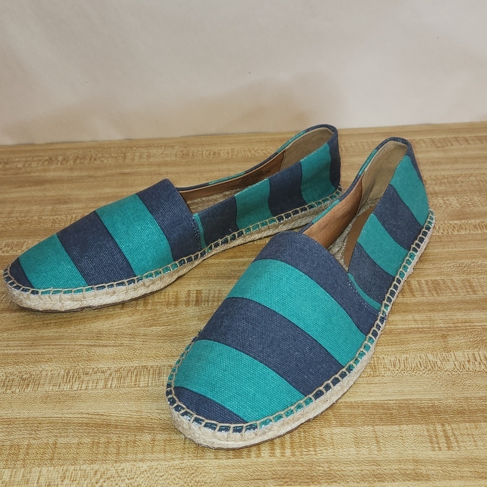 J. CREW Striped Canvas Slip on Espadrille Flats - Blue and Teal, size 10